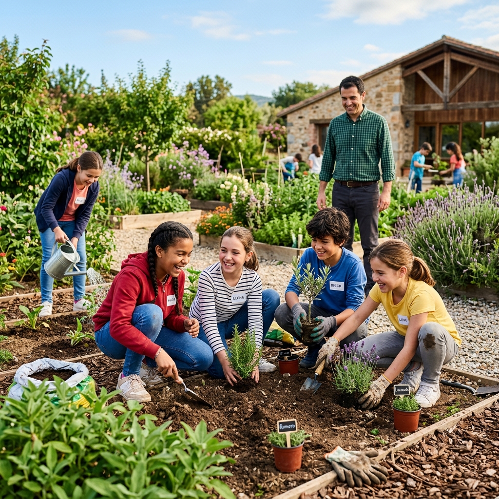 Estudiantes plantando árboles en el jardín escolar